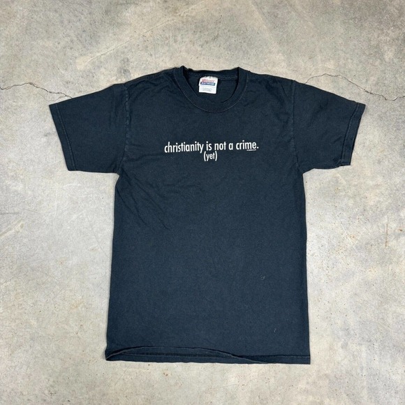 Vintage Atheist Shirt Mens Small Christianity is Not A Crime YET Black T - Picture 1 of 7
